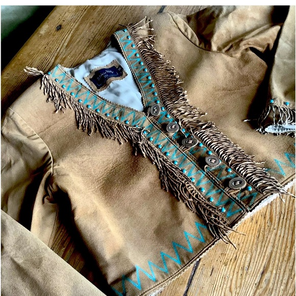 patricia wolf Jackets & Blazers - Patricia wolf hand painted leather jacket fringe turquoise studs antler buttons